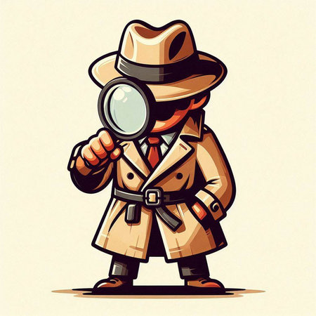 Cartoon detective with magnifying glass. Vector illustration of a detective.のイラスト素材