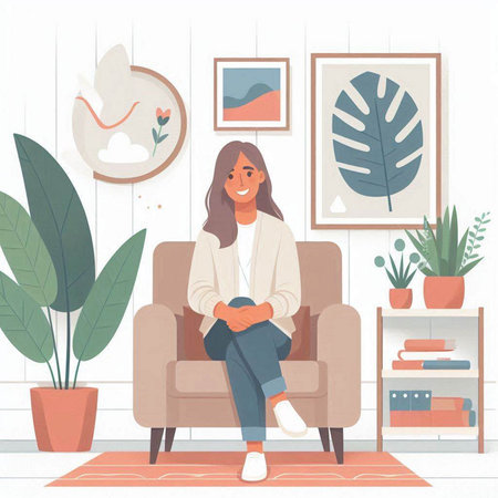 Young woman sitting in armchair in living room. Vector illustration.のイラスト素材