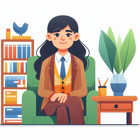 Vector illustration of a young woman sitting on a chair in the officeのイラスト素材