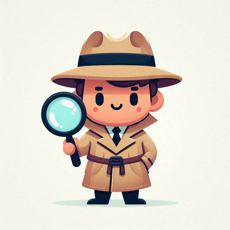 Cute detective with magnifying glass. Vector illustration in cartoon styleのイラスト素材