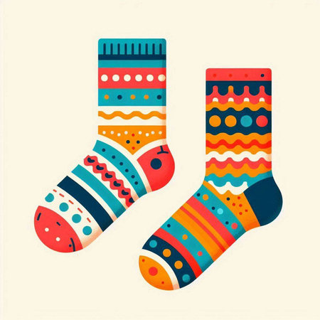 Vector illustration of a pair of colorful socks with different patterns on a light backgroundのイラスト素材