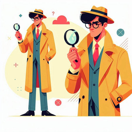 Vector illustration of a detective in a hat and coat looking through a magnifying glassのイラスト素材
