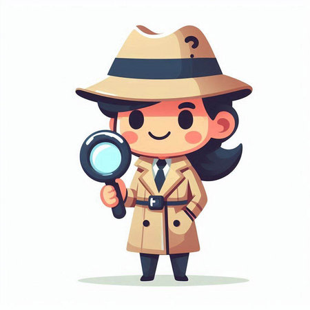 Cartoon detective girl with a magnifying glass. Vector illustration.のイラスト素材