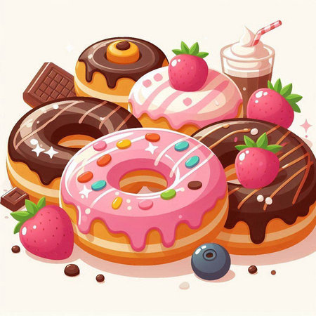 Illustration of a set of donuts with chocolate, strawberry and blueberryのイラスト素材