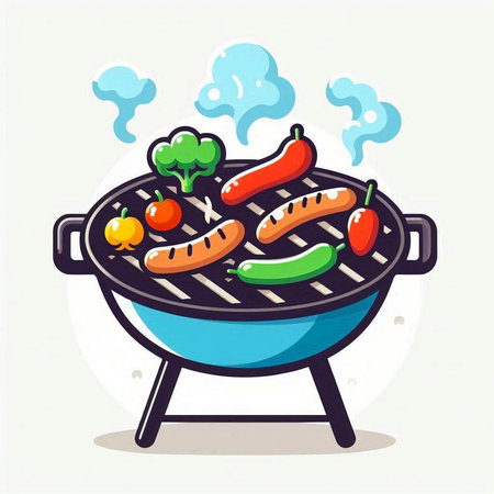Barbecue grill with sausages and vegetables. Vector illustration.のイラスト素材