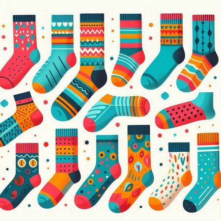 Set of colorful socks with different patterns. Vector illustration in retro style.のイラスト素材