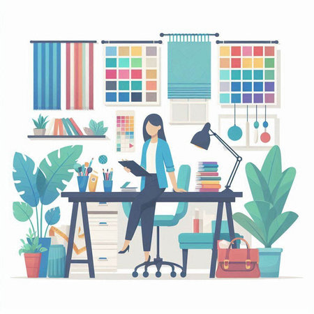 Vector illustration of a young woman working at the office. Flat style design.のイラスト素材