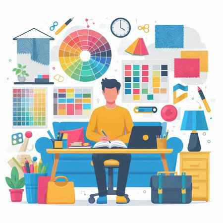 Vector illustration of a man working at home, sitting at the desk with laptop, books and other things.のイラスト素材