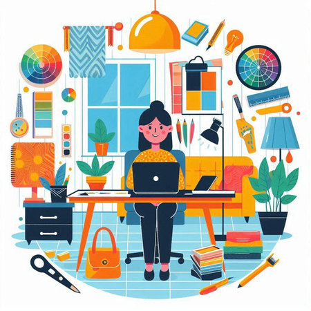 Freelance woman working at home. Freelance concept. Vector illustrationのイラスト素材