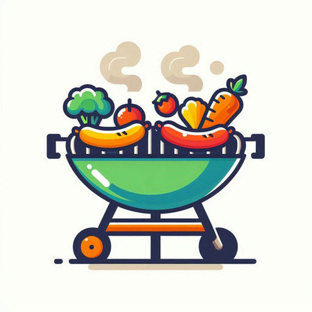 Vector illustration of BBQ grill with vegetables and meat on a white backgroundのイラスト素材
