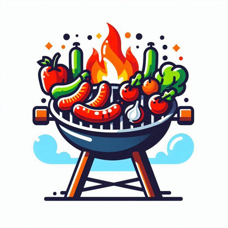Barbecue with sausages, vegetables and spices. Vector illustration.のイラスト素材