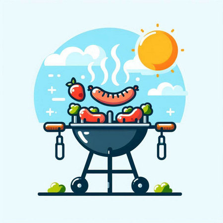 Barbecue grill with grilled vegetables. Vector illustration in flat style.のイラスト素材