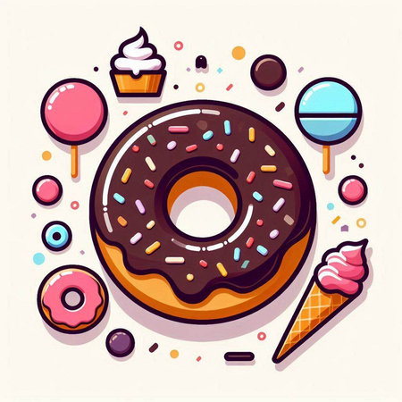 Donut with colorful glaze, ice cream and cupcake. Vector illustration.のイラスト素材