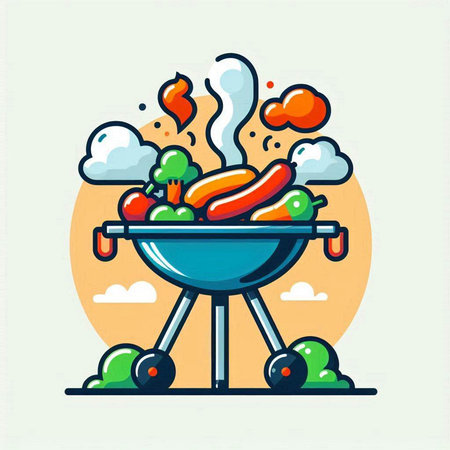 Barbecue grill with sausages and vegetables, vector illustration.のイラスト素材