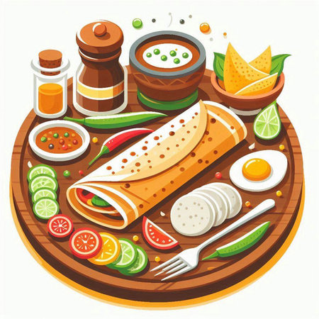 Mexican food on wooden board. Vector illustration in cartoon style.のイラスト素材