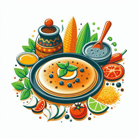 Vector illustration of traditional indian food. Pancakes and ingredients for cooking.のイラスト素材