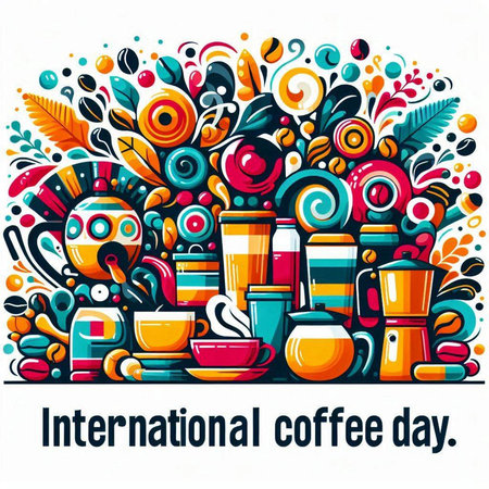 International Coffee Day poster with cartoon doodle elements. Vector illustrationのイラスト素材