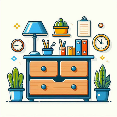 Vector illustration of home office workspace with furniture and objects. Flat style.のイラスト素材