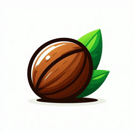 Illustration of a nutmeg with green leaves on a white backgroundのイラスト素材