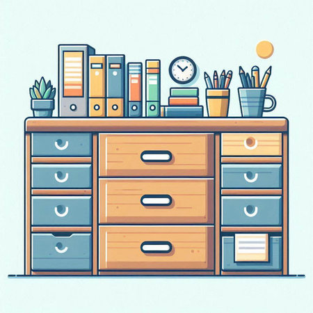 Office cabinet with books and stationery. Vector illustration in flat styleのイラスト素材