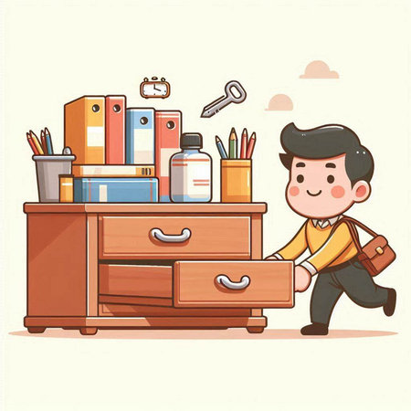 Cartoon businessman standing in front of a drawer full of office suppliesのイラスト素材