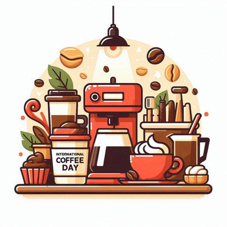 Coffee shop. Coffee machine, cup of coffee, beans, mocha. Vector illustrationのイラスト素材