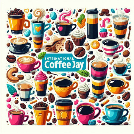 Coffee day poster with coffee cups and sweets, vector illustrationのイラスト素材