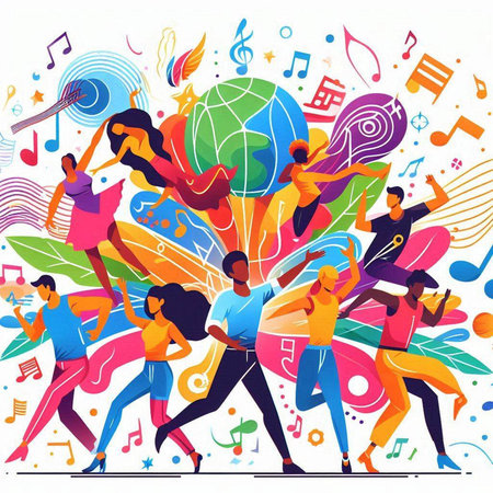 Group of young people dancing and listening to music. Vector illustration.のイラスト素材