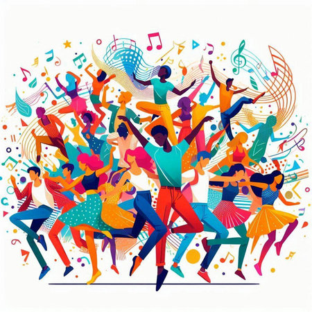 Happy dancing people. Colorful vector illustration of young people dancing.のイラスト素材