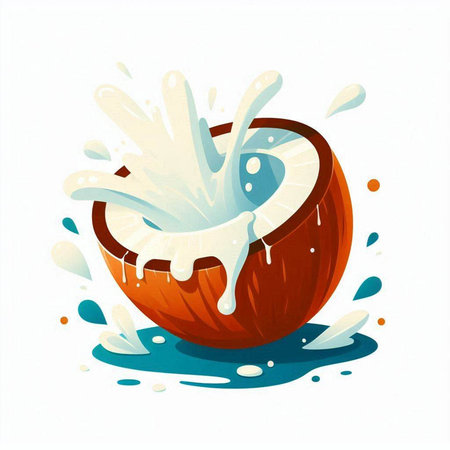 Illustration of a coconut with milk splashing on a white backgroundのイラスト素材