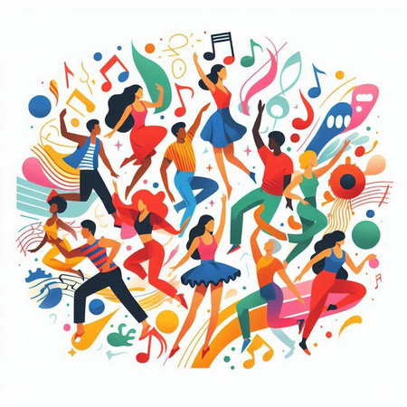 Vector illustration of a group of dancing people in a circle with musical notes.のイラスト素材