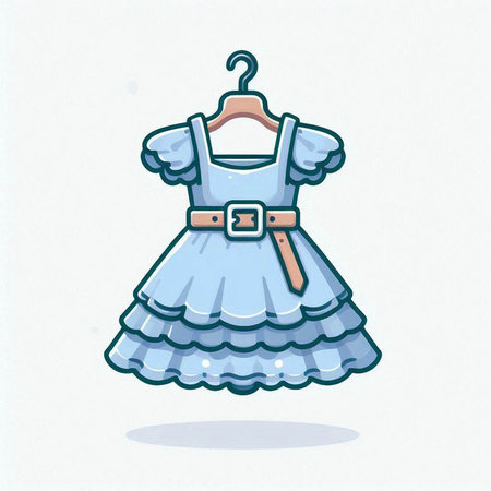 Illustration of a blue dress with a belt on a white backgroundのイラスト素材