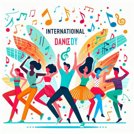 International Day of Dance. Group of dancing people. Vector illustration.のイラスト素材