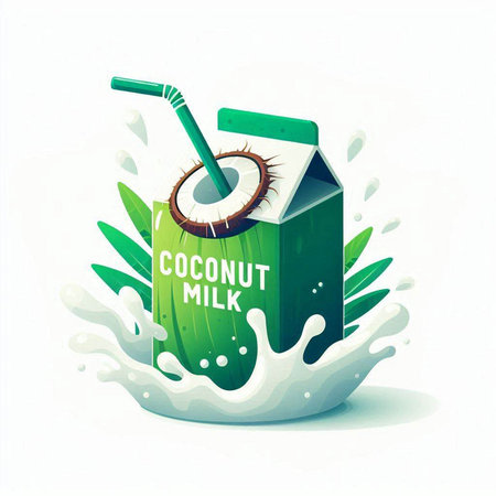 Coconut milk with a straw and splashes. Vector illustration.のイラスト素材