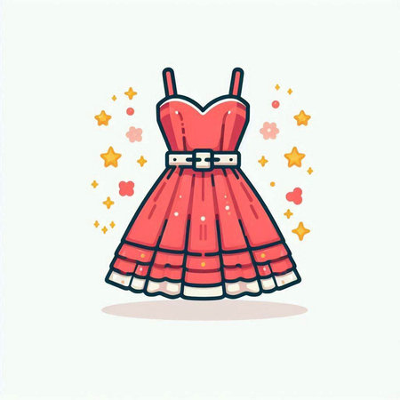 Vector illustration of cute red dress with belt and stars on white background.のイラスト素材