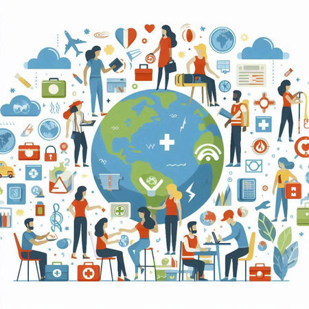 Flat design concept of education and learning. Vector illustration with people and icons.のイラスト素材