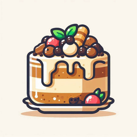 Cake with cream and berries. Vector illustration in cartoon style.のイラスト素材