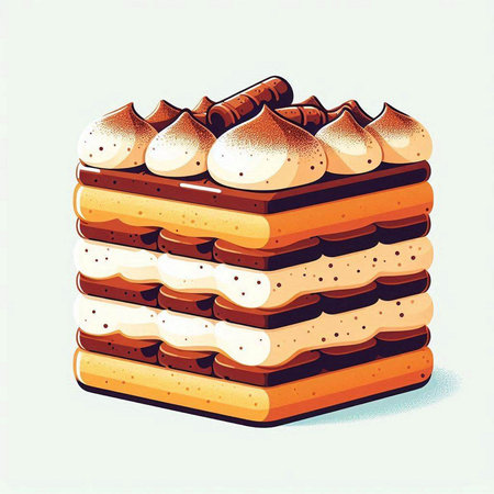 Illustration of a tiramisu cake on a white background.のイラスト素材