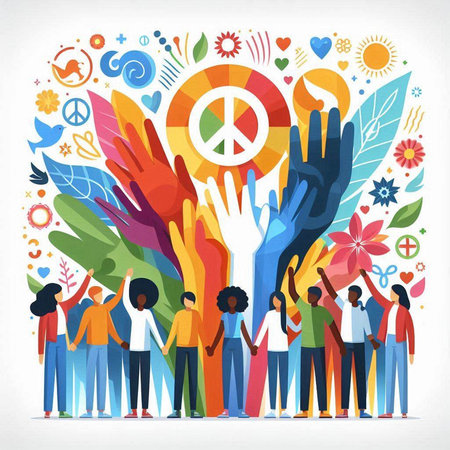 International Day of Peace concept. Group of people with raised hands. Vector illustration.のイラスト素材