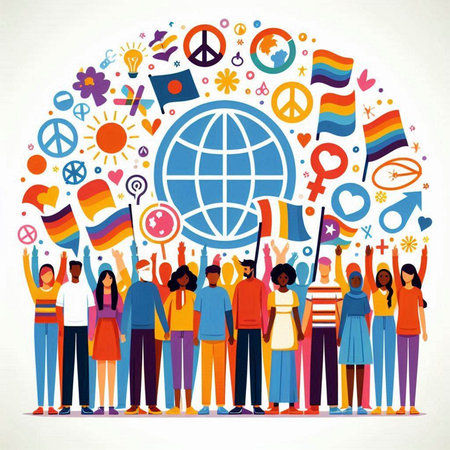 International day of peace concept. Group of diverse people holding hands together. Vector illustrationのイラスト素材