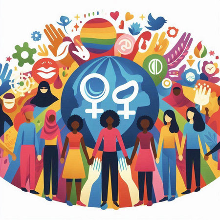 Group of diverse people holding hands around the globe. Concept of diversity. Vector illustration.のイラスト素材