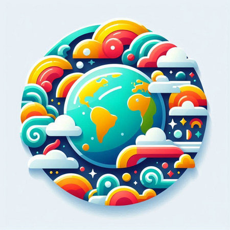 Earth planet with clouds and sun. Vector illustration in paper cut style.のイラスト素材