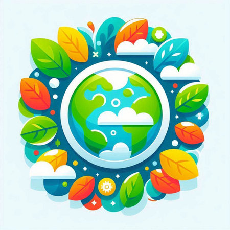Ecology concept. Flat design vector illustration. Earth planet in circle with leaves.のイラスト素材