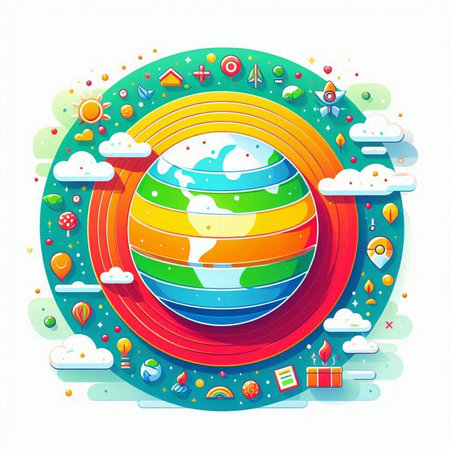 Earth planet with icons on white background. Vector illustration for your designのイラスト素材