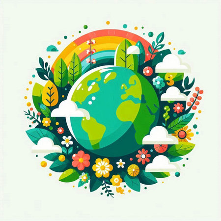Ecology concept with world globe and green leaves. Vector illustration.のイラスト素材
