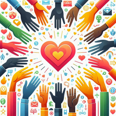 Hands with heart shape and social media icons. Vector illustration.のイラスト素材