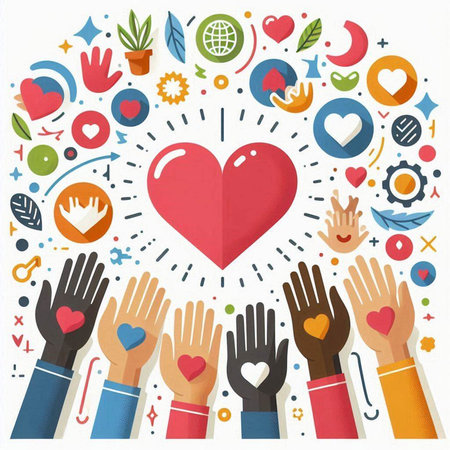 Hands of diverse people around a heart symbol. Vector illustration.のイラスト素材