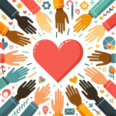Hands of diverse people around a heart shape. Vector illustration.のイラスト素材