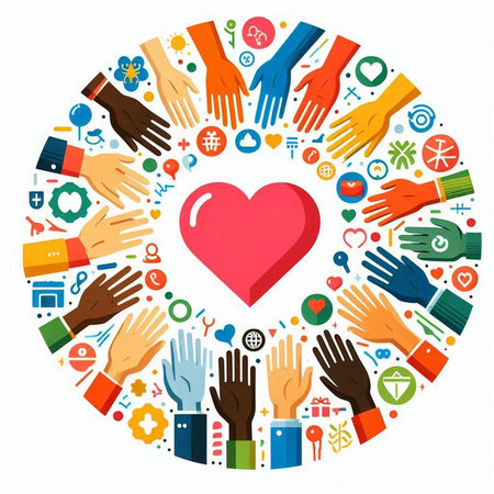 Group of human hands around the heart on a white background. Vector illustration.のイラスト素材