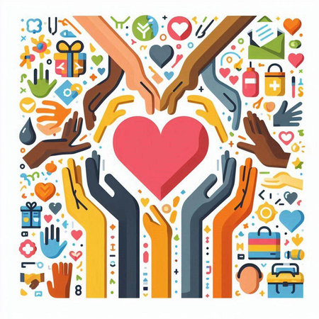 Flat design vector illustration concept of charity and donation with hands and heart.のイラスト素材